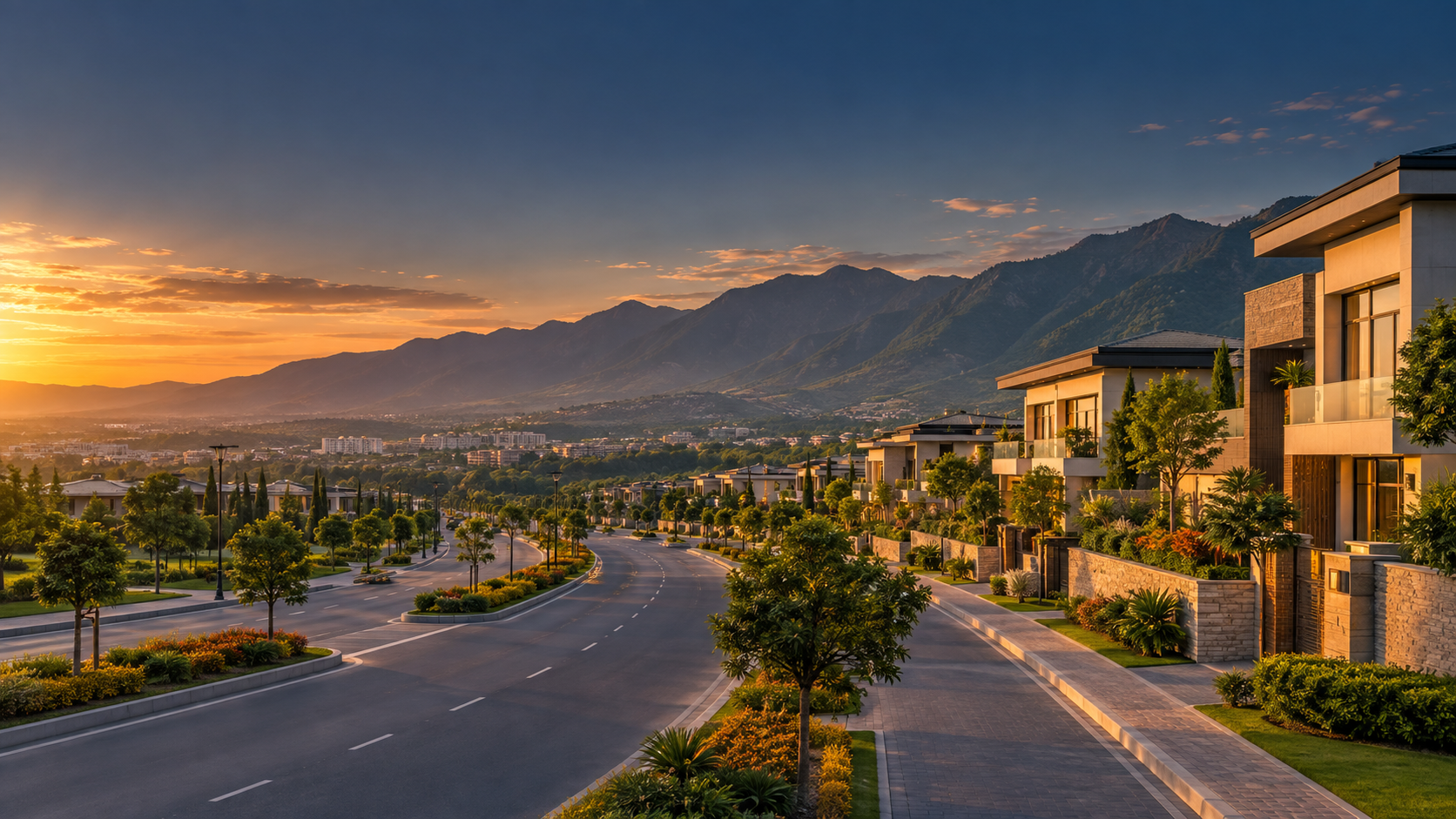 Modern residential community set against green hills